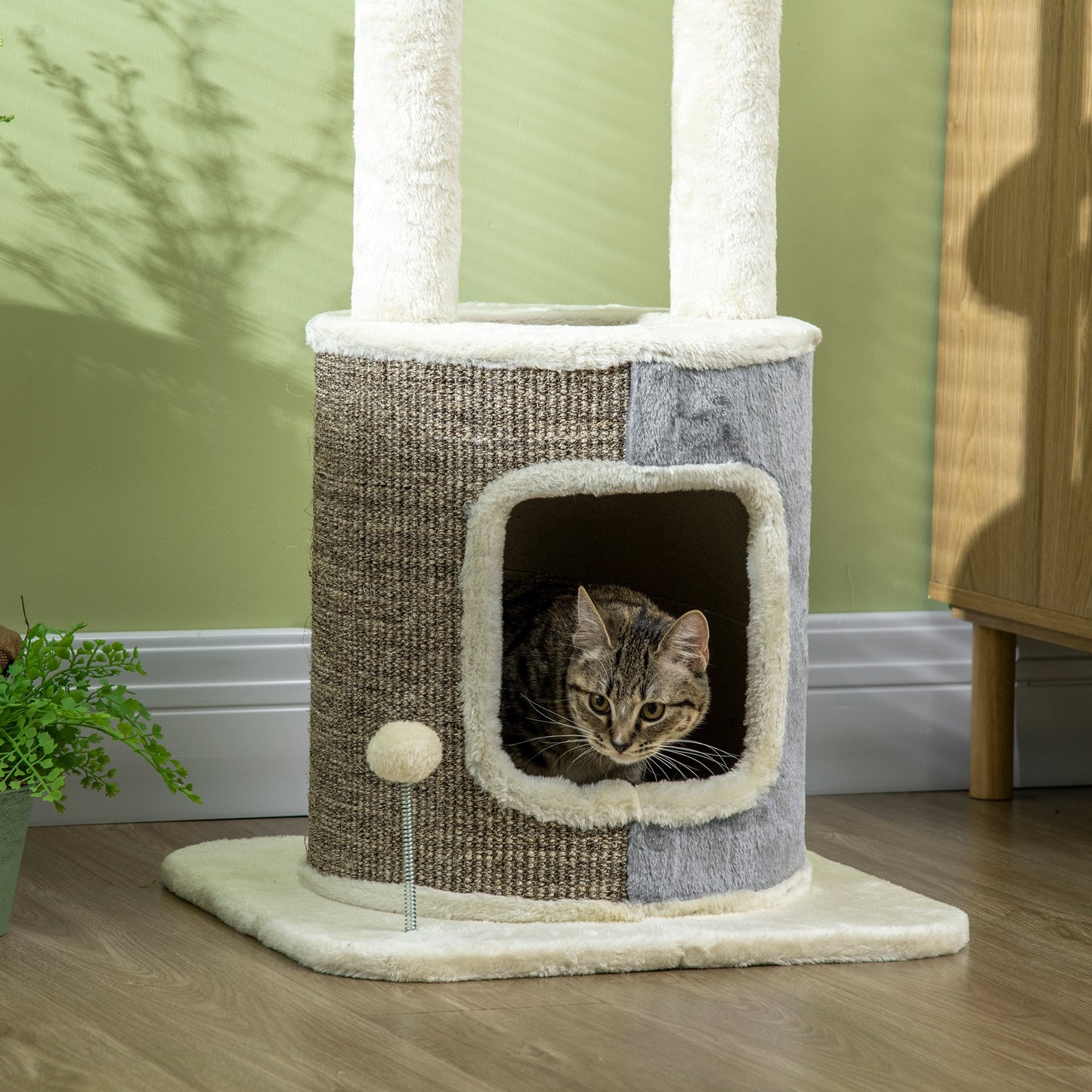 PawHut Árvore Arranhador para Gatos Torre para Gatos Altura 110cm com Caverna de Pélucia Plataformas Postes de Sisal e Bolas para Brincar 48x48x110cm Creme e Cinza