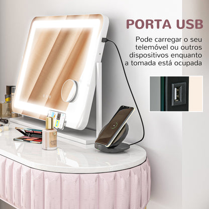 HOMCOM Espelho de Maquilhagem com Luzes Espelho de Toucador Giratório 58x46 cm com 3 Modos de Iluminação Interruptor Tátil Espelho de Maquilhagem com Suporte para Telemóvel e Entrada USB Branco