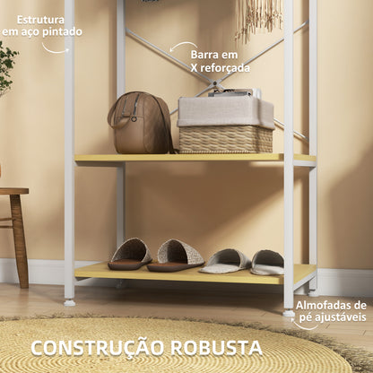 HOMCOM Suporte para Cabide com Barra Suspensa e 2 Estantes de Armazenamento para 6 Pares de Sapatos para Entrada Corredor Quarto 60x40x167,5 cm Natural e Branco