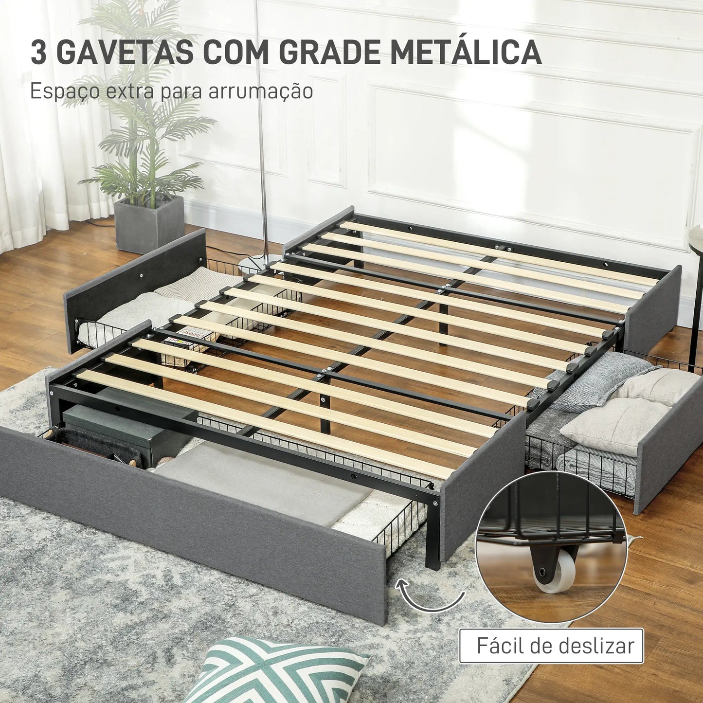 Estrutura de Cama de Casal "Storage" - 140x190 cm - Cinza - Design com Gavetas e Suporte Robusto