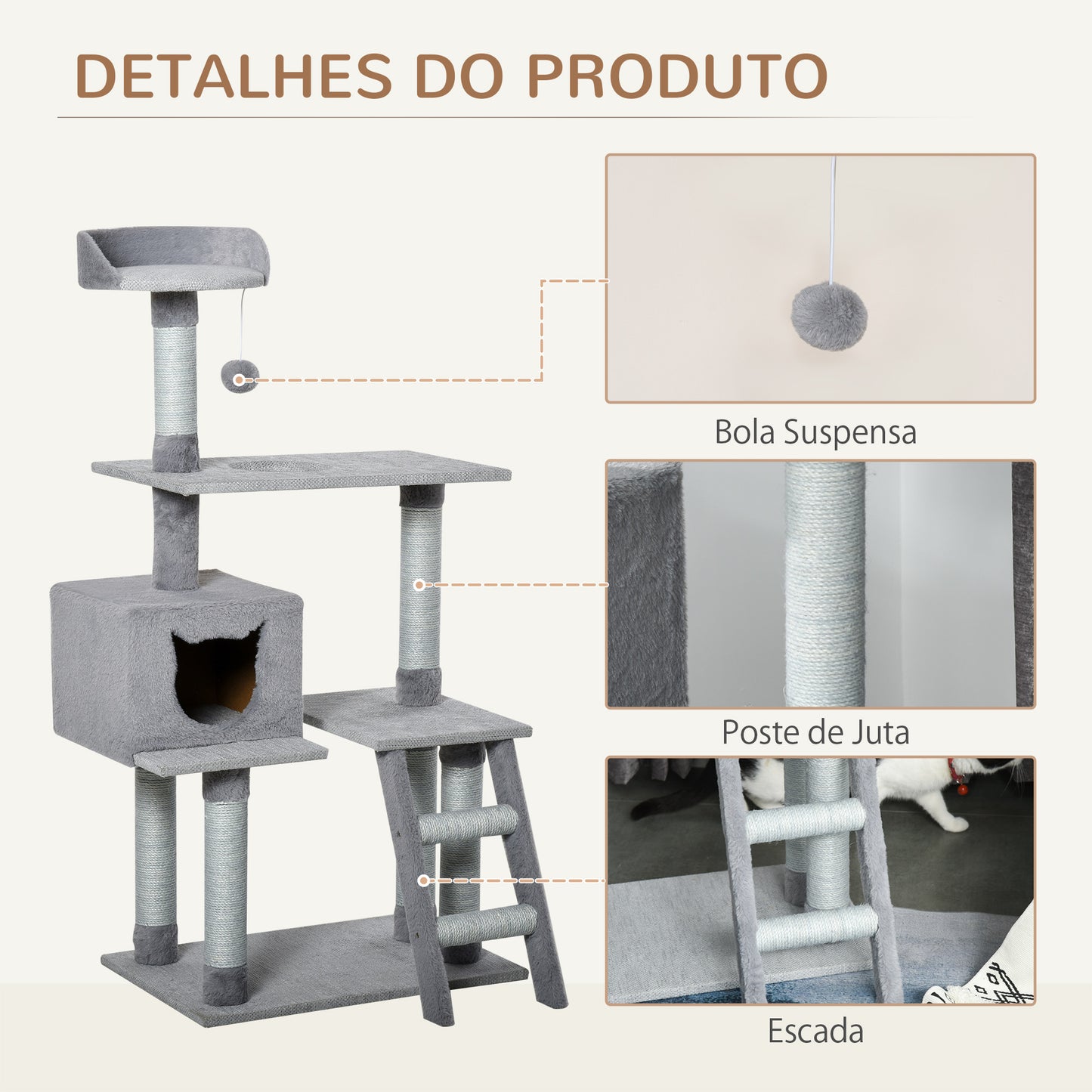 PawHut Árvore Arranhadora para Gatos Torre de Escalada com Plataformas Escada Caverna Postes de Juta e Bola Suspensa 60,5x40x124cm Cinza