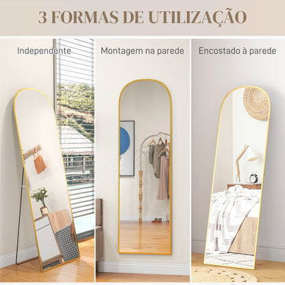 HOMCOM Espelho de Pé Espelho de Corpo Inteiro 50x170 cm Espelho de Parede com Estrutura de Liga de Alumínio e Suporte para Sala Quarto Banheiro Dourado