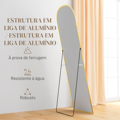 HOMCOM Espelho de Pé Espelho de Corpo Inteiro 50x170 cm Espelho de Parede com Estrutura de Liga de Alumínio e Suporte para Sala Quarto Banheiro Dourado