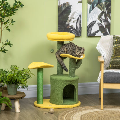 PawHut Árvore Arranhador para Gatos em Forma de Cacto Altura 83cm Torre para Gatos com Cama Casa de Pelúcia Plataformas Postes de Sisal e Bolsa Suspensa 54x39x83cm Amarelo e Verde