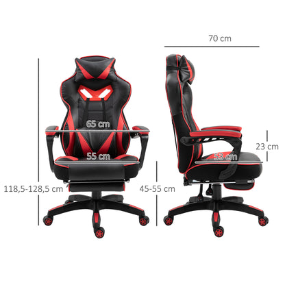 Vinsetto Cadeira de escritorio gaming ergonômica Altura ajustável Reclinável Encosto com apoio para pés Encosto de cabeça Almofada lombar Rodas 65x70x118,5-126,5 cm Vermelho e Preto