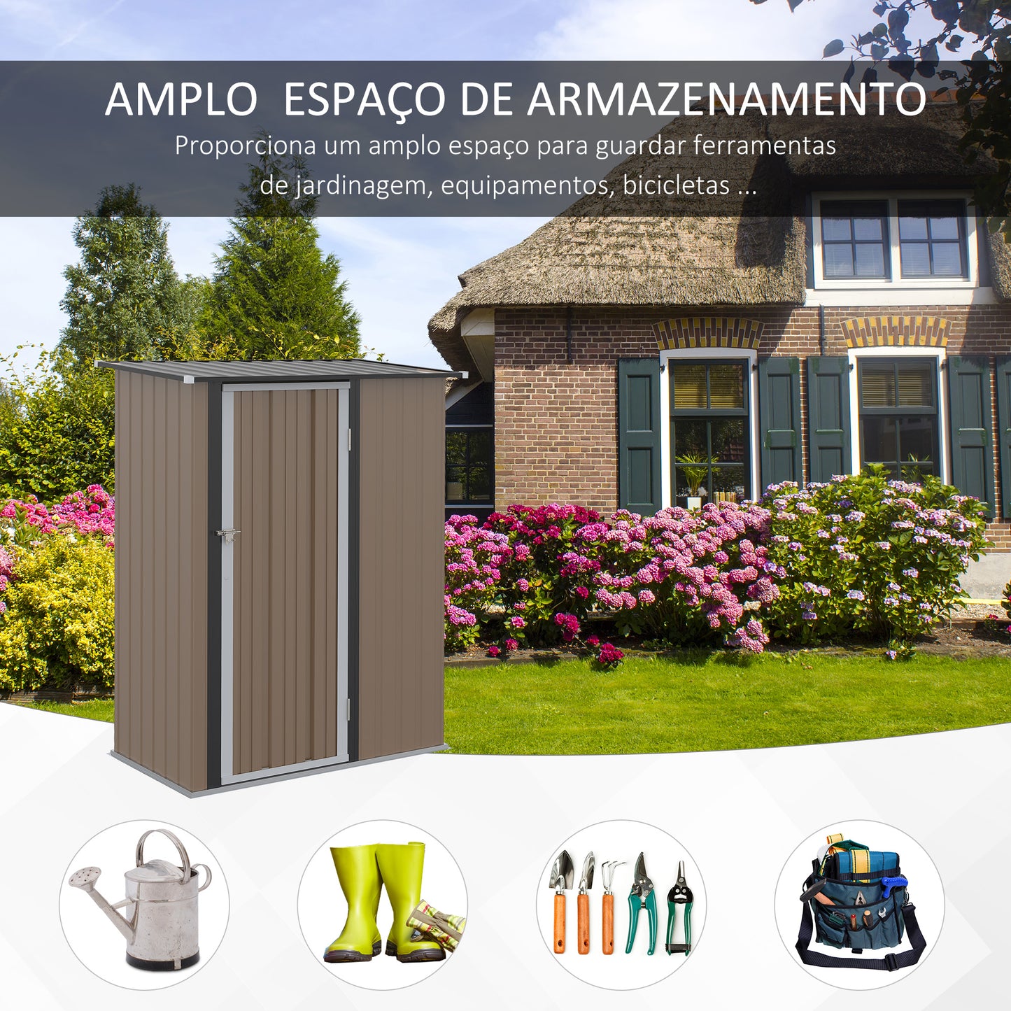 Outsunny Abrigo de Jardim 1,07㎡ 142x84x189 cm Abrigo de Armazenamento Galvanizado Abrigo de Ferramentas com Teto Inclinado e Porta para Varanda Exterior Marrom