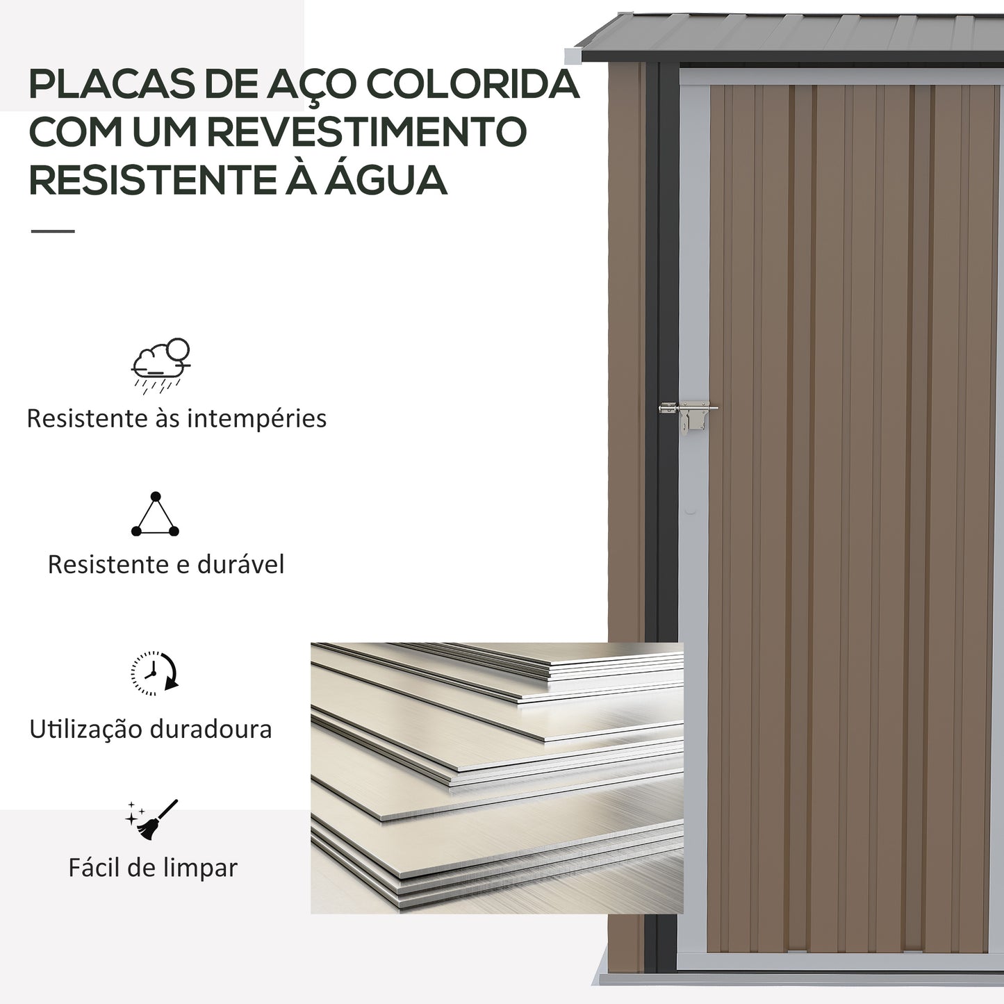 Outsunny Abrigo de Jardim 1,07㎡ 142x84x189 cm Abrigo de Armazenamento Galvanizado Abrigo de Ferramentas com Teto Inclinado e Porta para Varanda Exterior Marrom