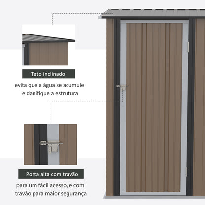 Outsunny Abrigo de Jardim 1,07㎡ 142x84x189 cm Abrigo de Armazenamento Galvanizado Abrigo de Ferramentas com Teto Inclinado e Porta para Varanda Exterior Marrom