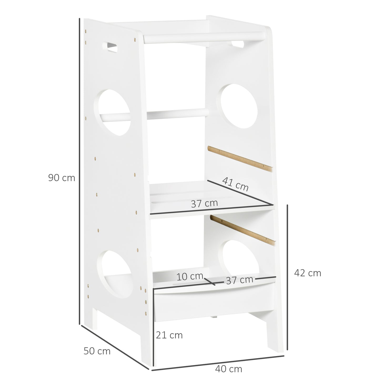 HOMCOM Torre de Aprendizagem de Madeira para Crianças Torre de Aprendizagem Infantil com Altura Ajustável em 3 Posições e Barra de Segurança 40x50x90cm Branco