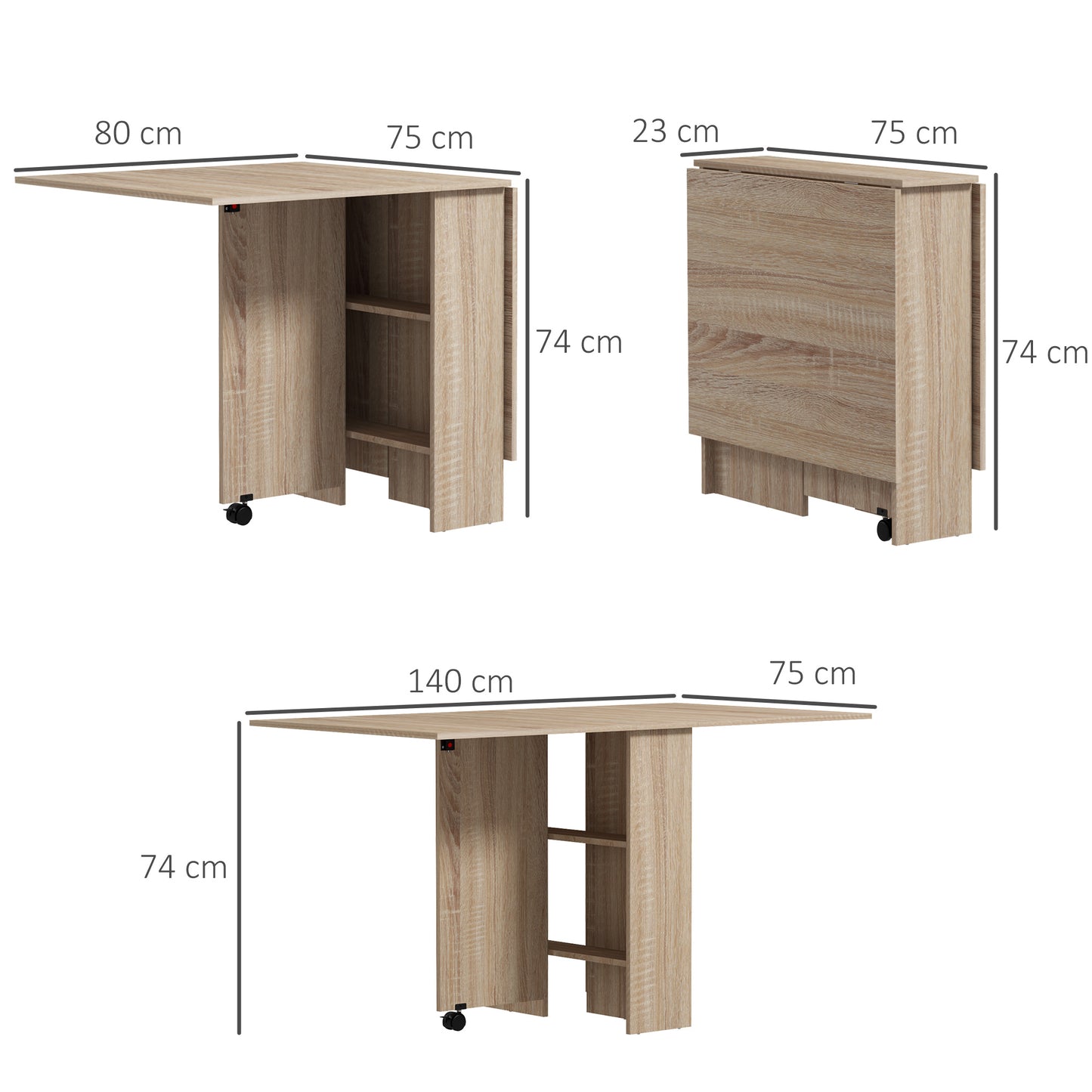 Mesa de Sala de Jantar Dobrável Mesa de Madeira com 2 Prateleiras de Armazenamento e Rodas para Cozinha 75x140x74 cm Madeira