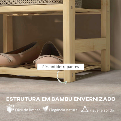 HOMCOM Banco para Sapatos de Bambu Móvel Sapateira com Assento Cesta Amovível e Prateleiras Abertas para 4 Pares de Sapatos Banco Sapateira para Entrada Corredor 69x30x45 cm Madeira