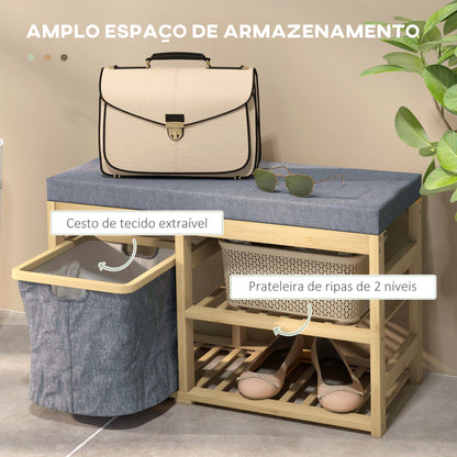 HOMCOM Banco para Sapatos de Bambu Móvel Sapateira com Assento Cesta Amovível e Prateleiras Abertas para 4 Pares de Sapatos Banco Sapateira para Entrada Corredor 69x30x45 cm Madeira