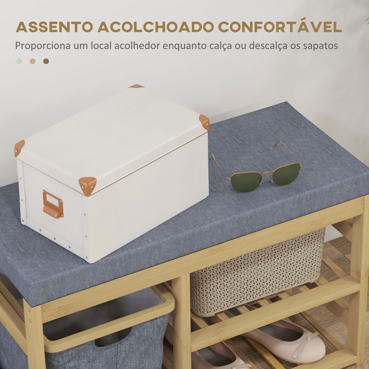 HOMCOM Banco para Sapatos de Bambu Móvel Sapateira com Assento Cesta Amovível e Prateleiras Abertas para 4 Pares de Sapatos Banco Sapateira para Entrada Corredor 69x30x45 cm Madeira