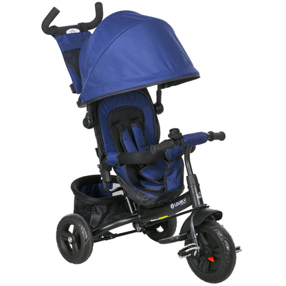 HOMCOM Triciclo para Bebés 2 em 1 Triciclo Evolutivo para Crianças de +12 Meses com Capota Dobrável Guiador Telescópico e Removível Bolsa e Porta-garrafas Azul Marrinho