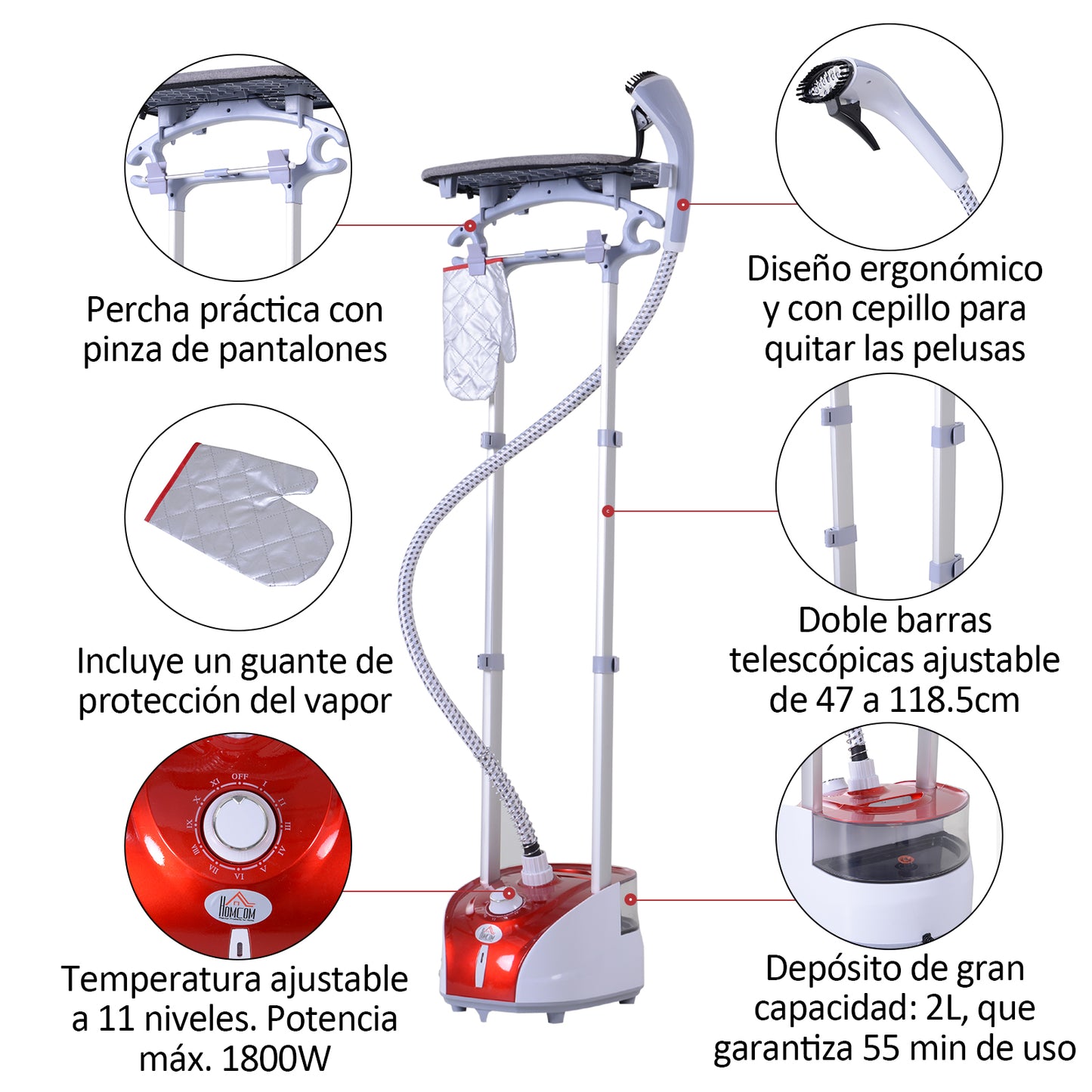 HOMCOM Escova de vapor de roupas Temperatura 1800W ajustável a 11 níveis Centro de engomar vertical com barra dupla e tanque de 2L em 38 s de aquecimento