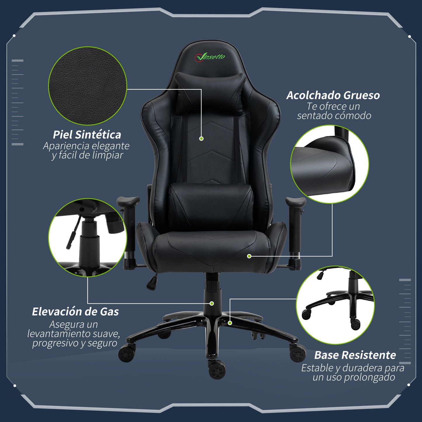 Vinsetto Cadeira de Gaming Ergonômica Cadeira de Jogo Giratória com Altura Ajustável Apoio para os Braços Apoio para a Cabeça e Almofada Lombar Couro Sintético 73x71x128-136cm Preto