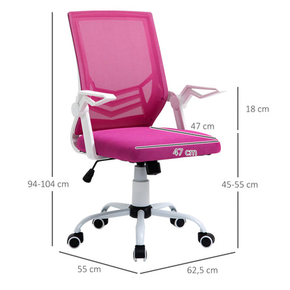 Vinsetto Cadeira de Escritório Ergonômica Cadeira de Escritório Giratória com Altura Ajustável Apoio para os Braços Dobrável Suporte Lombar e Encosto Transpirável 62,5x55x94-104cm Rosa