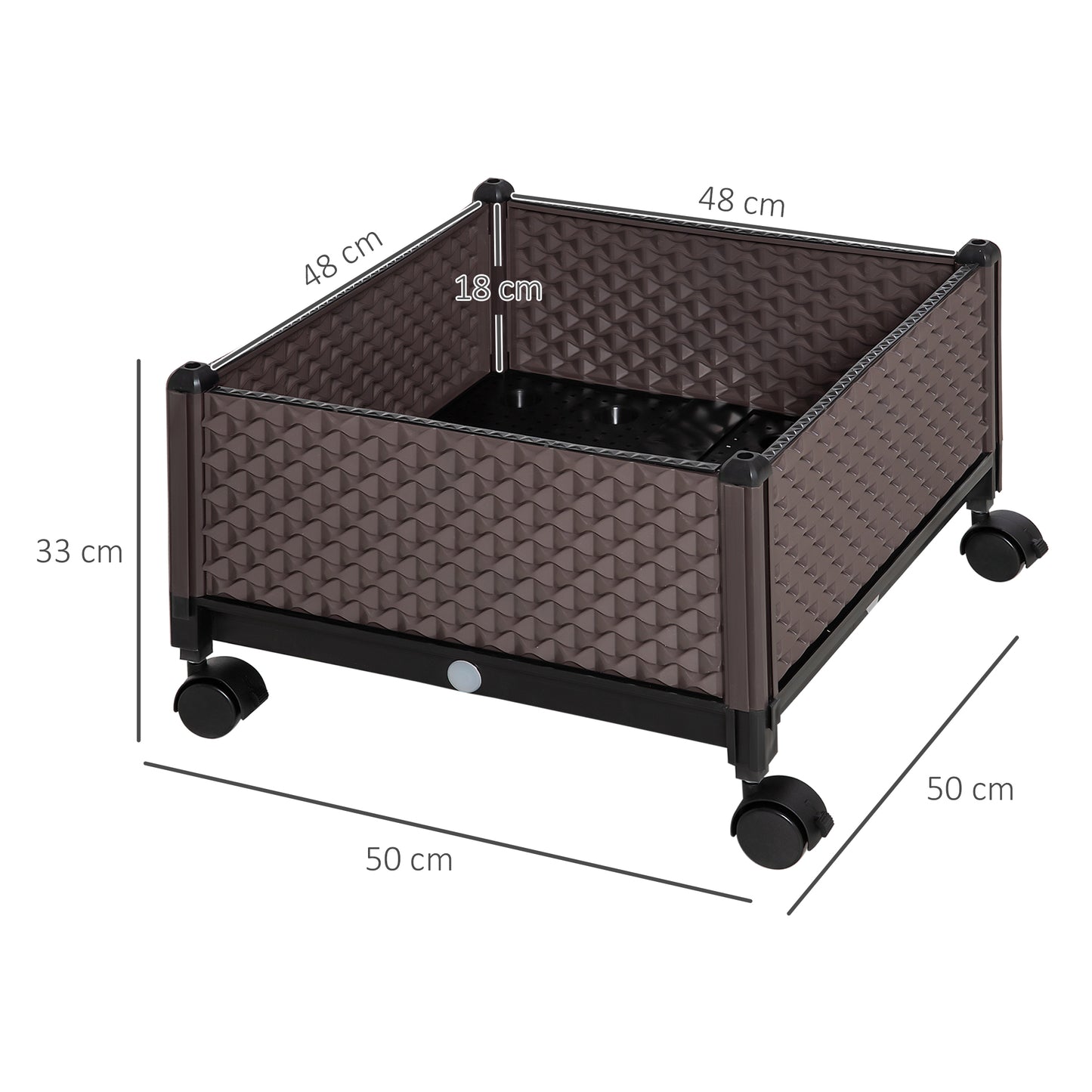 Outsunny Floreira de Plástico com Rodas Floreira de Jardim com Orifícios de Drenagem para Cultivo de Plantas em Exterior Pátio 50x50x33cm Marrom