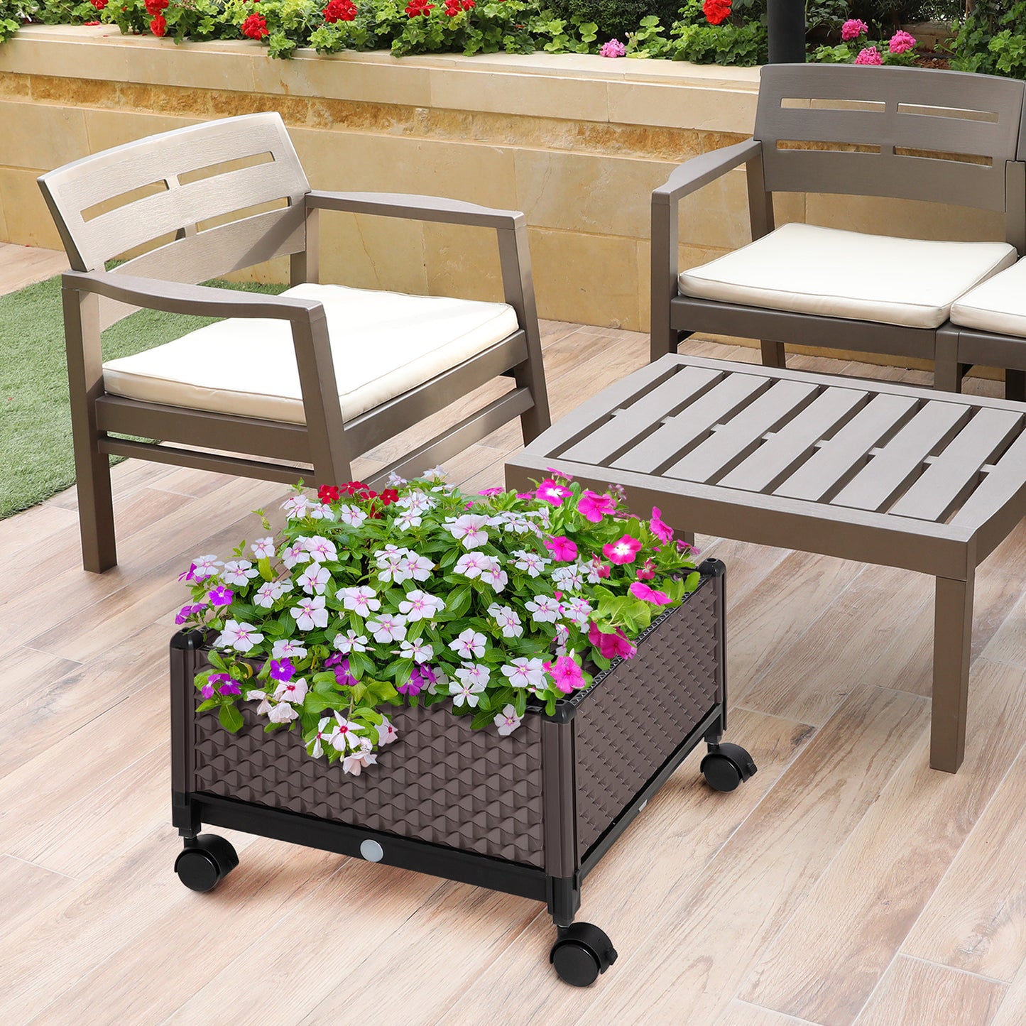 Outsunny Floreira de Plástico com Rodas Floreira de Jardim com Orifícios de Drenagem para Cultivo de Plantas em Exterior Pátio 50x50x33cm Marrom