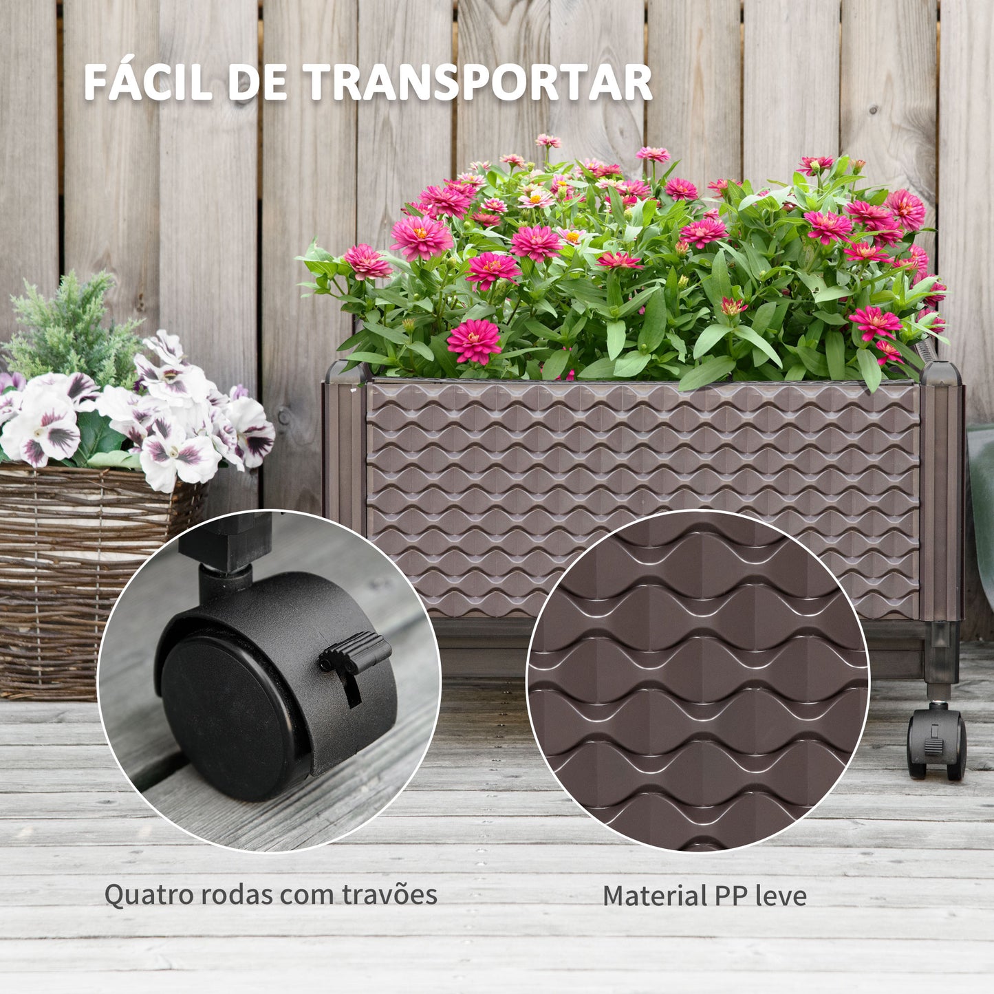 Outsunny Floreira de Plástico com Rodas Floreira de Jardim com Orifícios de Drenagem para Cultivo de Plantas em Exterior Pátio 50x50x33cm Marrom