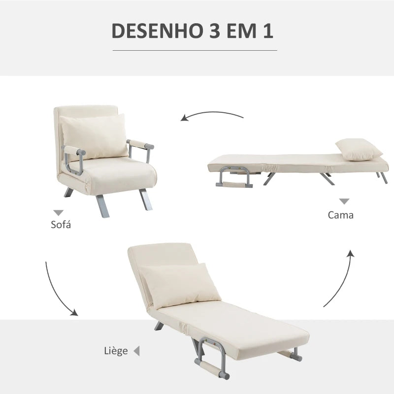 Sofá Cama Individual Poltrona Cama Individual Sofá Reclinável com Almofada para Sala Quarto Escritório Carga 100 kg 65x69x80 cm Creme