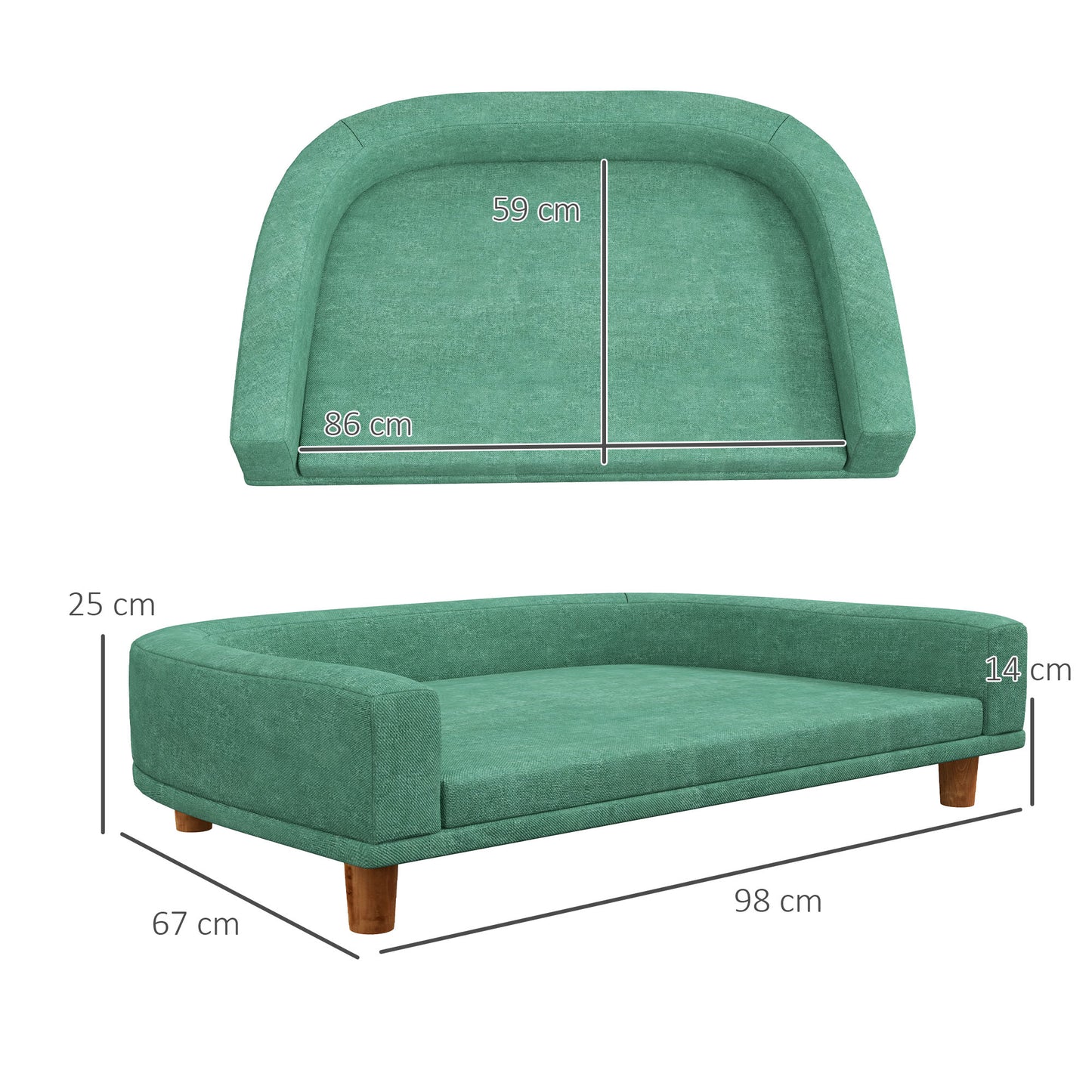 PawHut Sofá para Cães Cama Elevada para Cães Estofada com Almofada Lavável e Pés de Madeira de Pinho Carga Máxima 40 kg 98x67x25 cm Verde