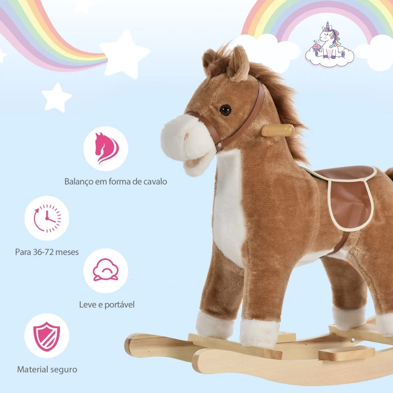 Cavalo de balanço para crianças acima de 36 meses Brinquedo de balanço macio com música Sons relinchos de galope Boca e cauda móveis 65x32,5x61 cm Marrom