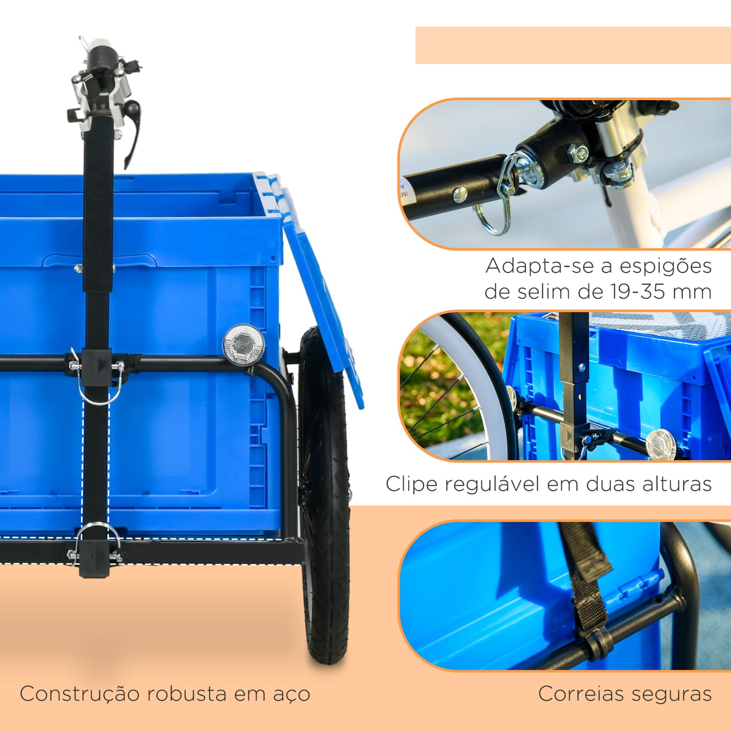 HOMCOM Reboque de Carga para Bicicleta Carrinho para Bicicleta com Caixa de Armazenamento Dobrável Alça Ajustável e Refletores Seguros Carga 40 kg 145x61x76/81 cm Azul