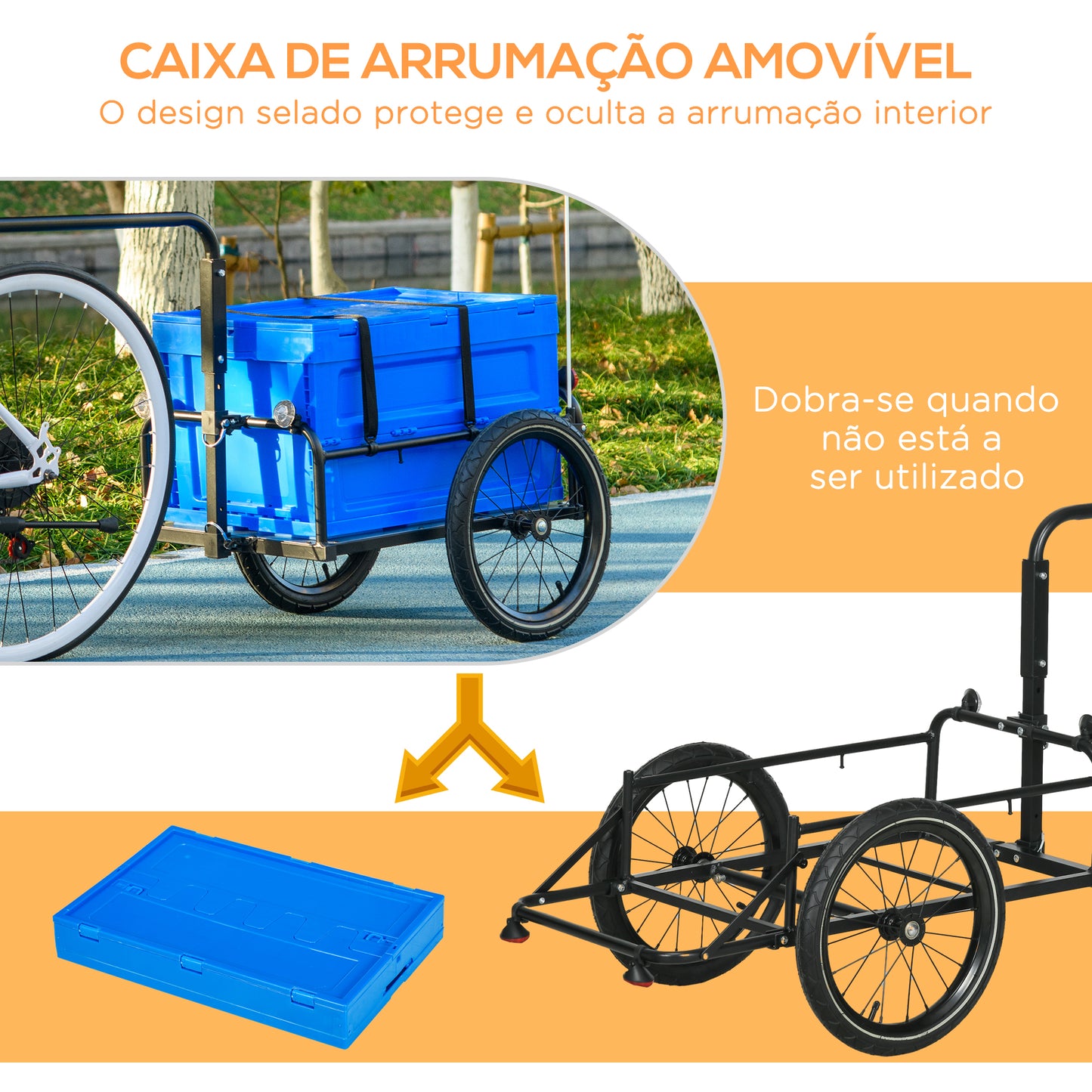 HOMCOM Reboque de Carga para Bicicleta Carrinho para Bicicleta com Caixa de Armazenamento Dobrável Alça Ajustável e Refletores Seguros Carga 40 kg 145x61x76/81 cm Azul