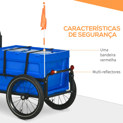 HOMCOM Reboque de Carga para Bicicleta Carrinho para Bicicleta com Caixa de Armazenamento Dobrável Alça Ajustável e Refletores Seguros Carga 40 kg 145x61x76/81 cm Azul