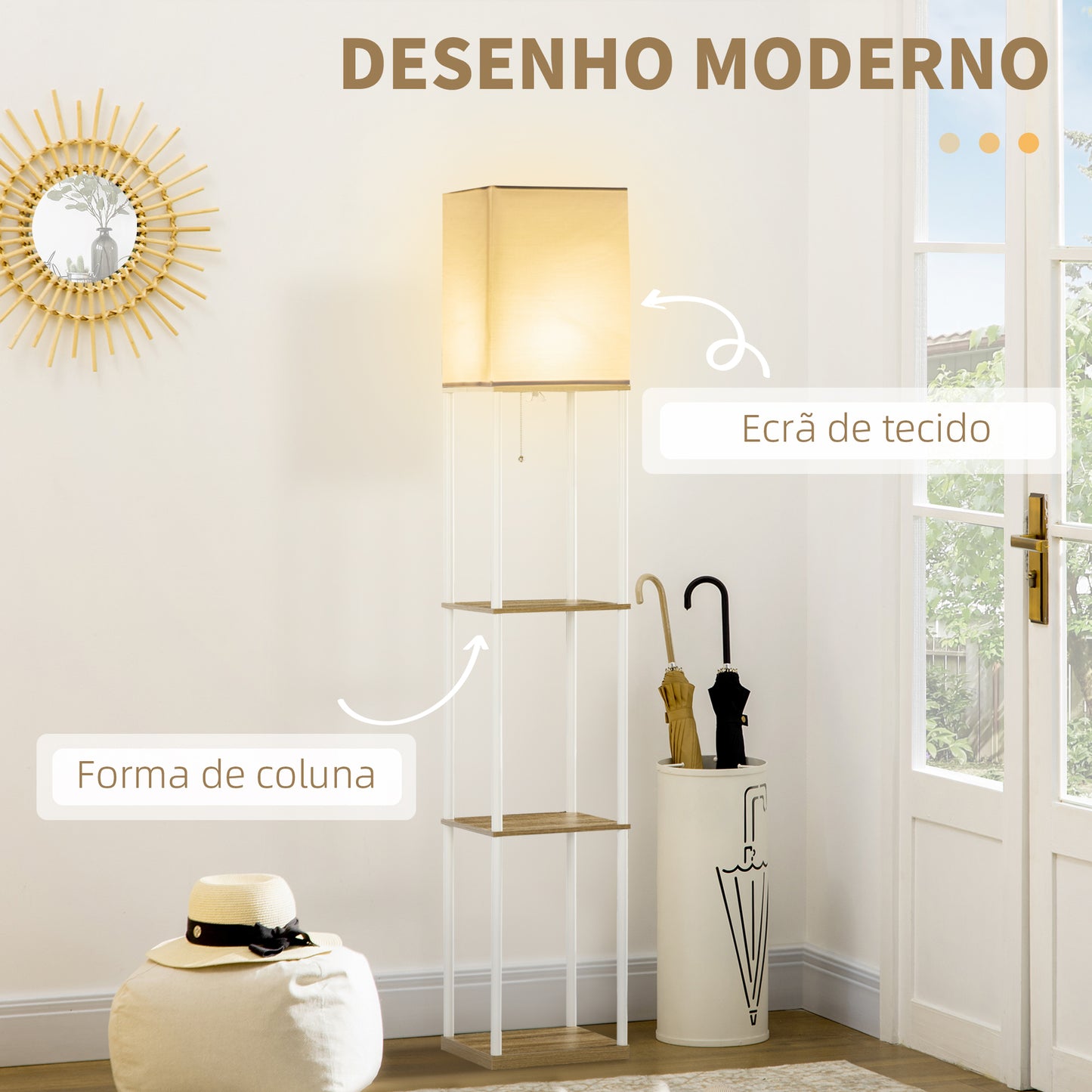 HOMCOM Candeeiro de Pé Moderno com Prateleiras Candeeiro de Pé para Sala de Estar Lâmpada E27 Máx. 40W com Ecrã de Tecido e Interruptor de Pé para Dormitório Escritório 26x26x159cm Branco e Madeira