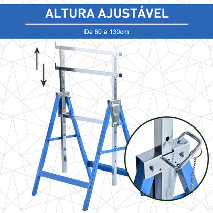 HOMCOM Conjunto de 2 Cavaletes Telescópicos Dobráveis com Altura Ajustável Cavaletes de Serra de Aço para Mesa de Trabalho Carga 200kg 68x58x80-130cm Azul e Prata