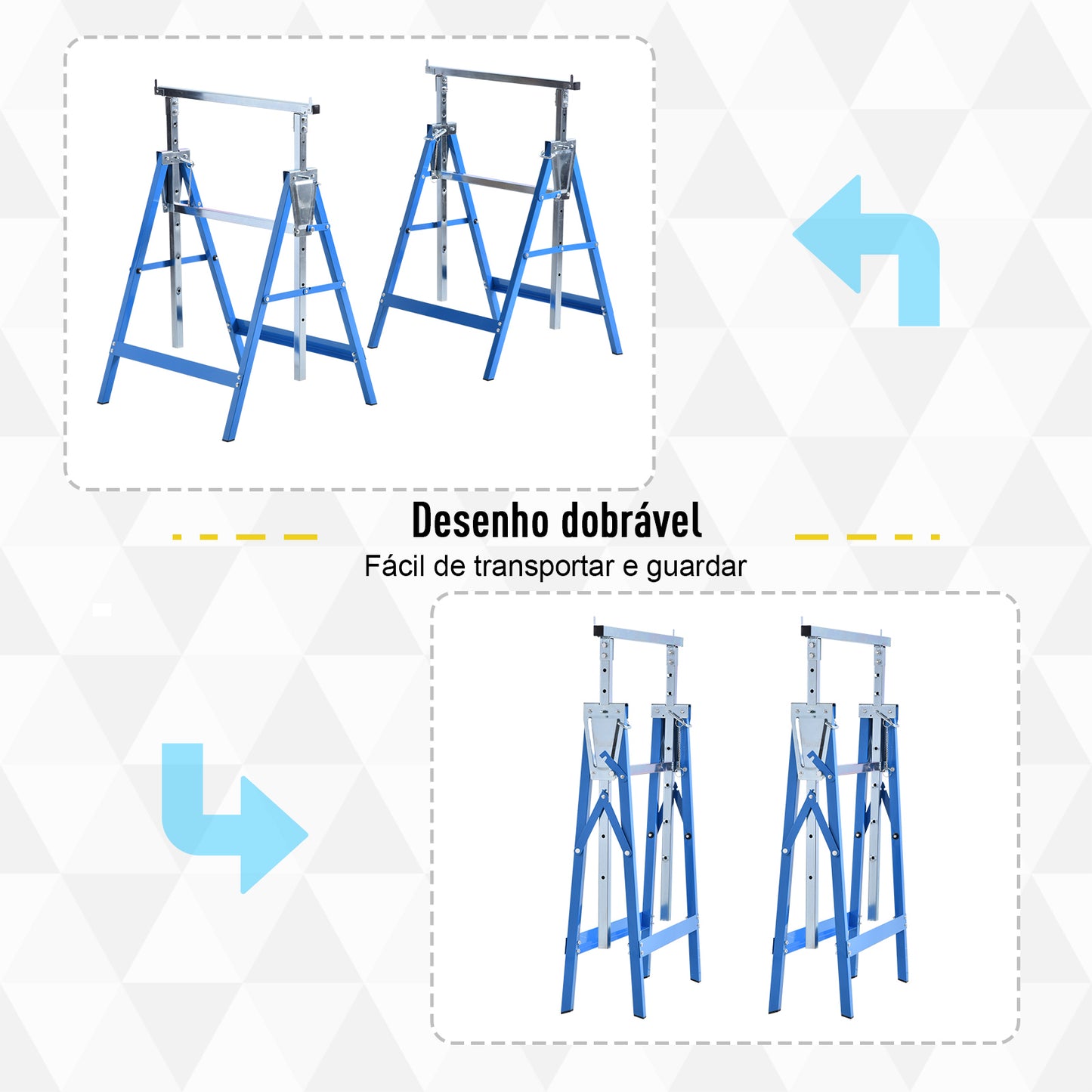 HOMCOM Conjunto de 2 Cavaletes Telescópicos Dobráveis com Altura Ajustável Cavaletes de Serra de Aço para Mesa de Trabalho Carga 200kg 68x58x80-130cm Azul e Prata