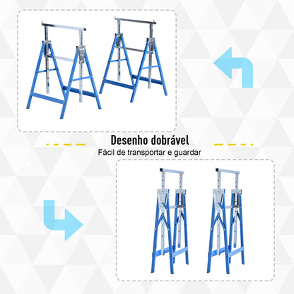 HOMCOM Conjunto de 2 Cavaletes Telescópicos Dobráveis com Altura Ajustável Cavaletes de Serra de Aço para Mesa de Trabalho Carga 200kg 68x58x80-130cm Azul e Prata