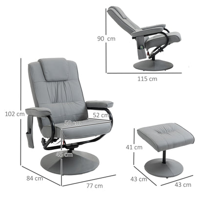 HOMCOM Poltrona de Massagem Elétrica com Banco para Apoiar os Pés Poltrona Relax Giratório Reclinável em até 145° com Controle Remoto e 10 Pontos de Massagem Estofado em PU 77x84x102 cm Cinza