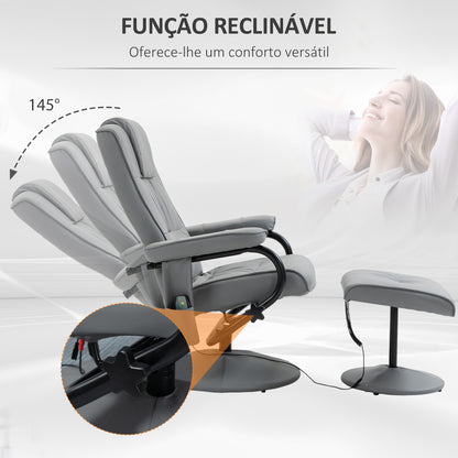 HOMCOM Poltrona de Massagem Elétrica com Banco para Apoiar os Pés Poltrona Relax Giratório Reclinável em até 145° com Controle Remoto e 10 Pontos de Massagem Estofado em PU 77x84x102 cm Cinza