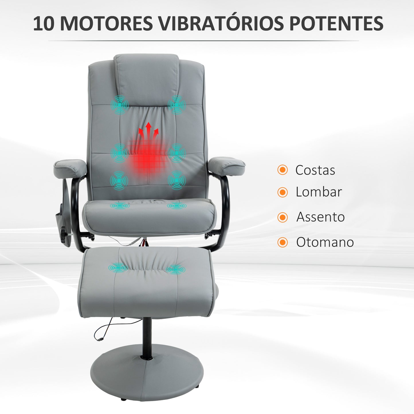 HOMCOM Poltrona de Massagem Elétrica com Banco para Apoiar os Pés Poltrona Relax Giratório Reclinável em até 145° com Controle Remoto e 10 Pontos de Massagem Estofado em PU 77x84x102 cm Cinza