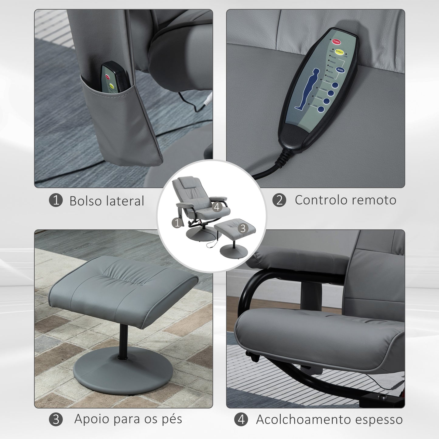 HOMCOM Poltrona de Massagem Elétrica com Banco para Apoiar os Pés Poltrona Relax Giratório Reclinável em até 145° com Controle Remoto e 10 Pontos de Massagem Estofado em PU 77x84x102 cm Cinza