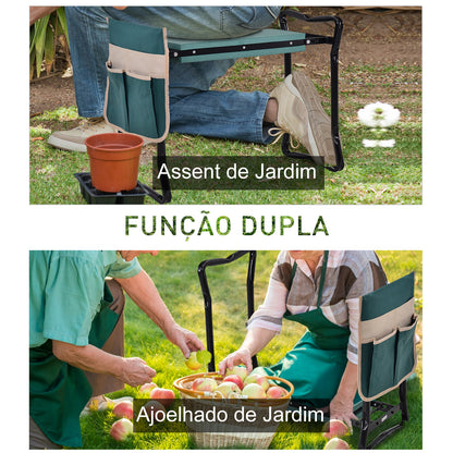 Outsunny Banco de Jardim Dobrável com Bolsa para Ferramentas Almofada de Proteção para Joelhos Assento de Jardim com Joelheira Altura Ajustável 58x28x49cm Verde e Preto