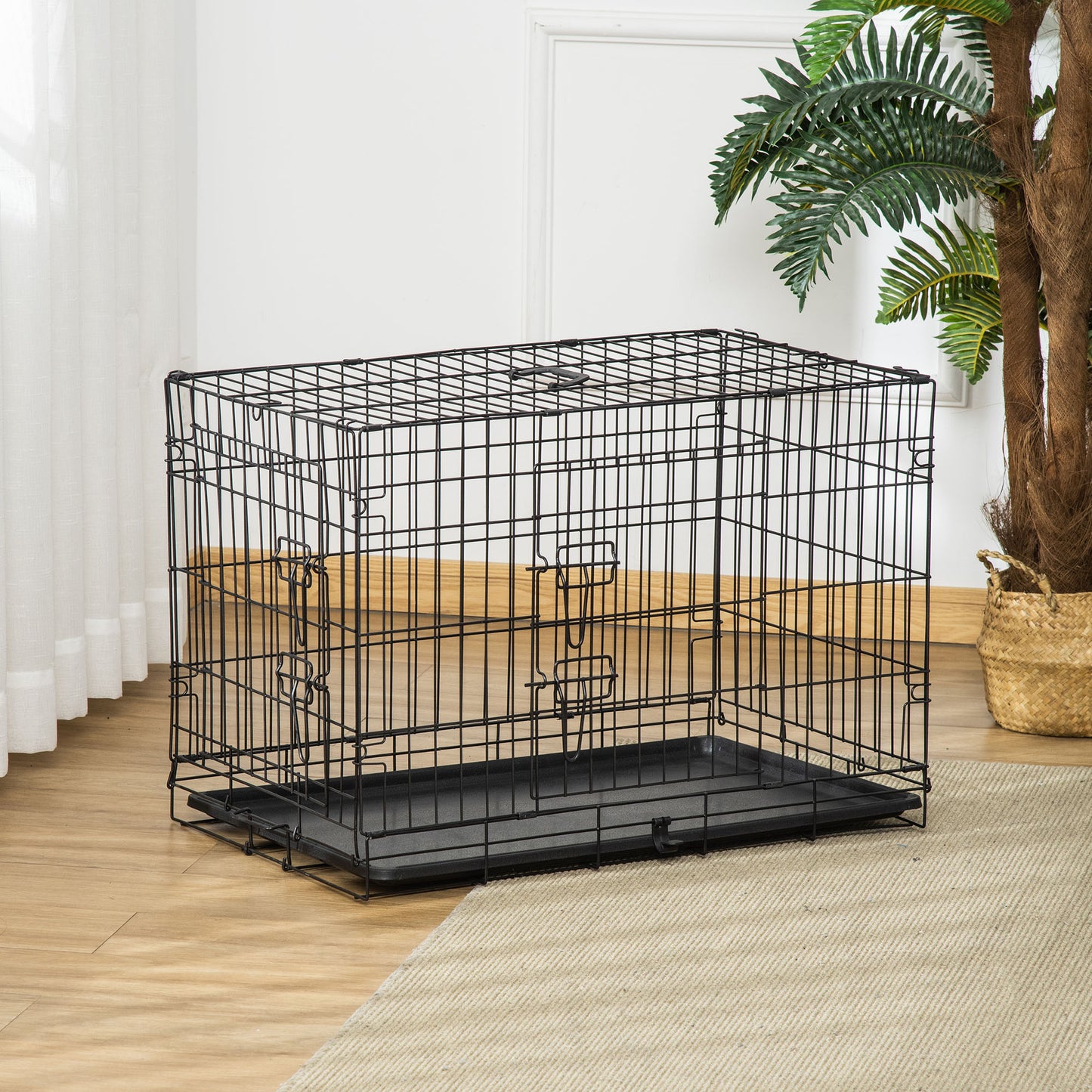 PawHut Gaiola para Cães com 2 Portas Gaiola para Animais de Estimação de Arame Dobrável com Alça de Transporte Aço 76x46x52cm Preto