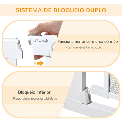 PawHut Barreira de Segurança para Cães Extensível 75-103 cm Barreira para Escada e Portas com 2 Extensões Duplo Bloqueio Fechamento Automático Branco