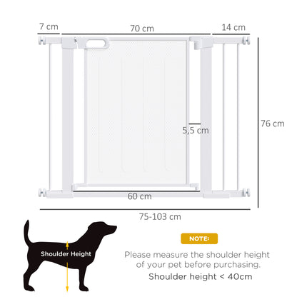 PawHut Barreira de Segurança para Cães Extensível 75-103 cm Barreira para Escada e Portas com 2 Extensões Duplo Bloqueio Fechamento Automático Branco