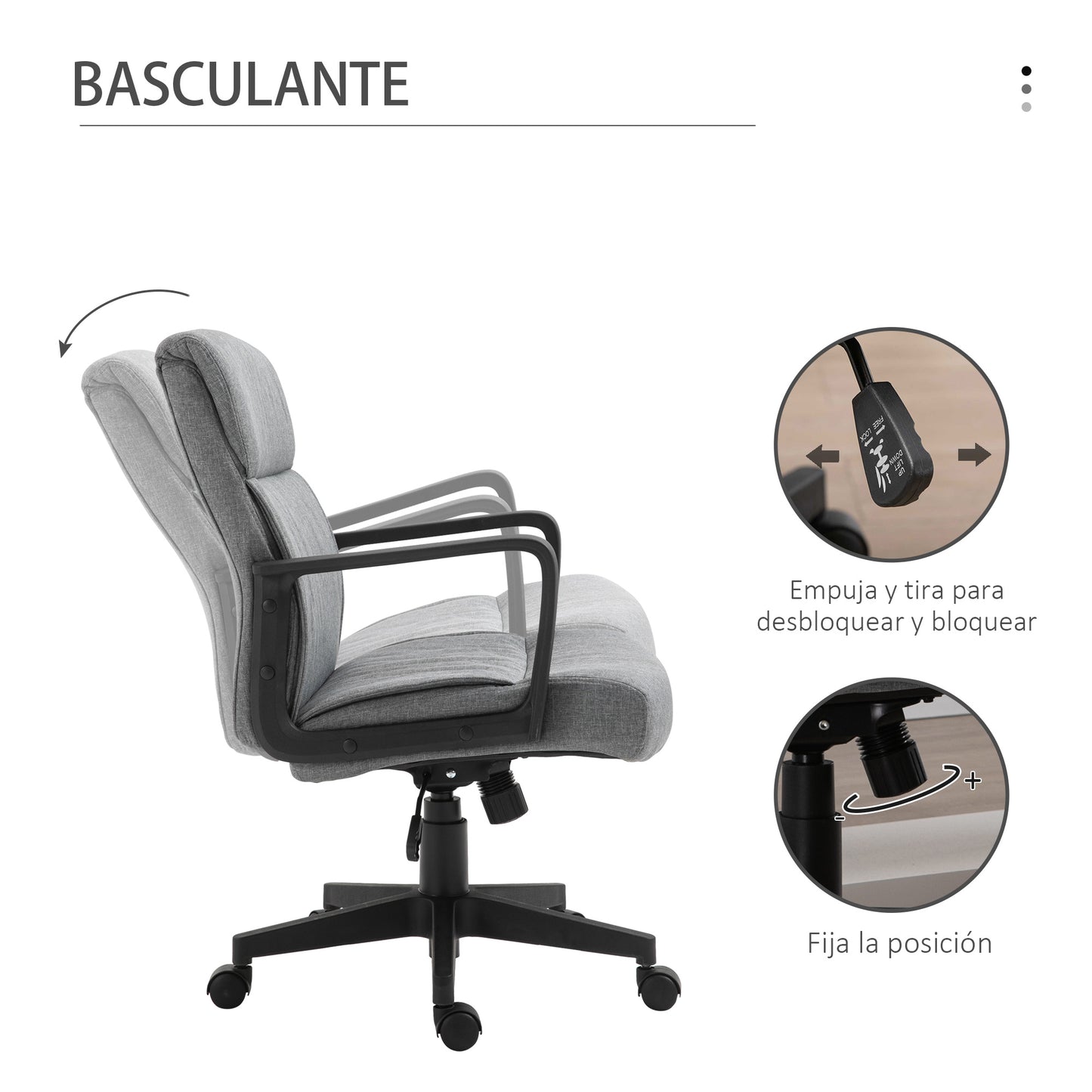 Vinsetto Cadeira de Escritório Operativa Giratória 360° com Altura Ajustável Apoio para os Braços Encosto Acolchoado e Estofado em Linho 60x68x92-101,5cm Cinza