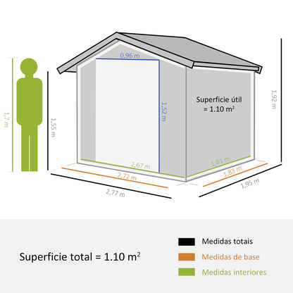 Outsunny Abrigo de Jardim Exterior Abrigo e Jardim Metálico para Armazenamento de Ferramentas com Base Incluída e 4 Janelas 277x195x192cm Cinza Escuro