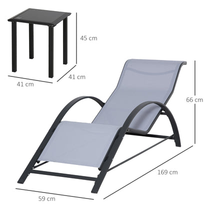 Outsunny Conjunto de 2 Espreguiçadeiras de Jardim 59x169x66 cm com Mesa 41x41x45 cm Vidro Temperado Apoio de Braços para Pátio Piscina Varanda Cinza