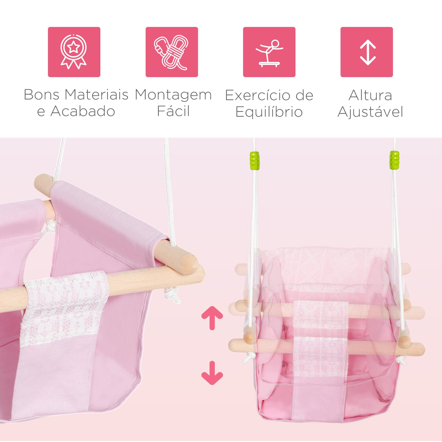 Outsunny Baloiço para Bebé com Altura Ajustável Cinto de Segurança Interior Exterior Carga Máx. 80kg Madeira 40x40x180cm Rosa e Branco