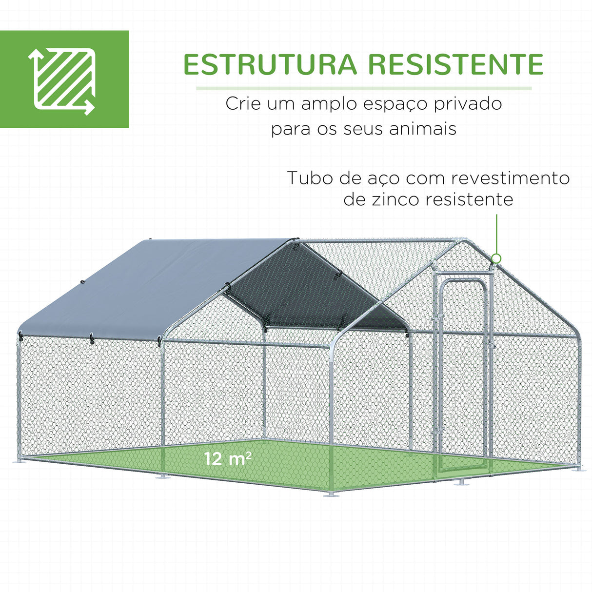 PawHut Galinheiro de Exterior Grande de Metal Galvanizado 3x4x1,95 m Gaiola para Galinhas Coelhos com Porta e Cobertura de Tecido de Oxford Resistente aos Raios UV Prata