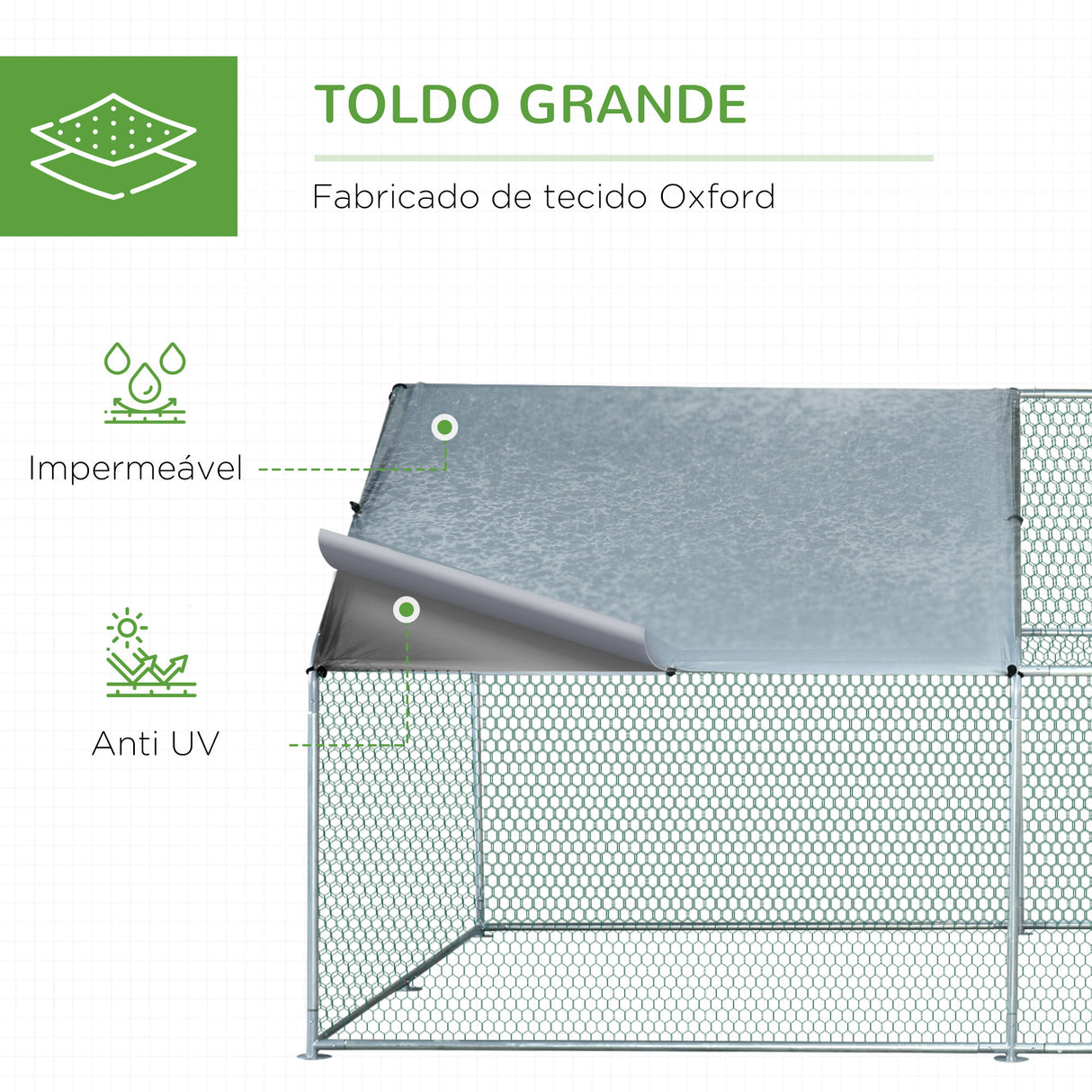 PawHut Galinheiro de Exterior Grande de Metal Galvanizado 3x4x1,95 m Gaiola para Galinhas Coelhos com Porta e Cobertura de Tecido de Oxford Resistente aos Raios UV Prata