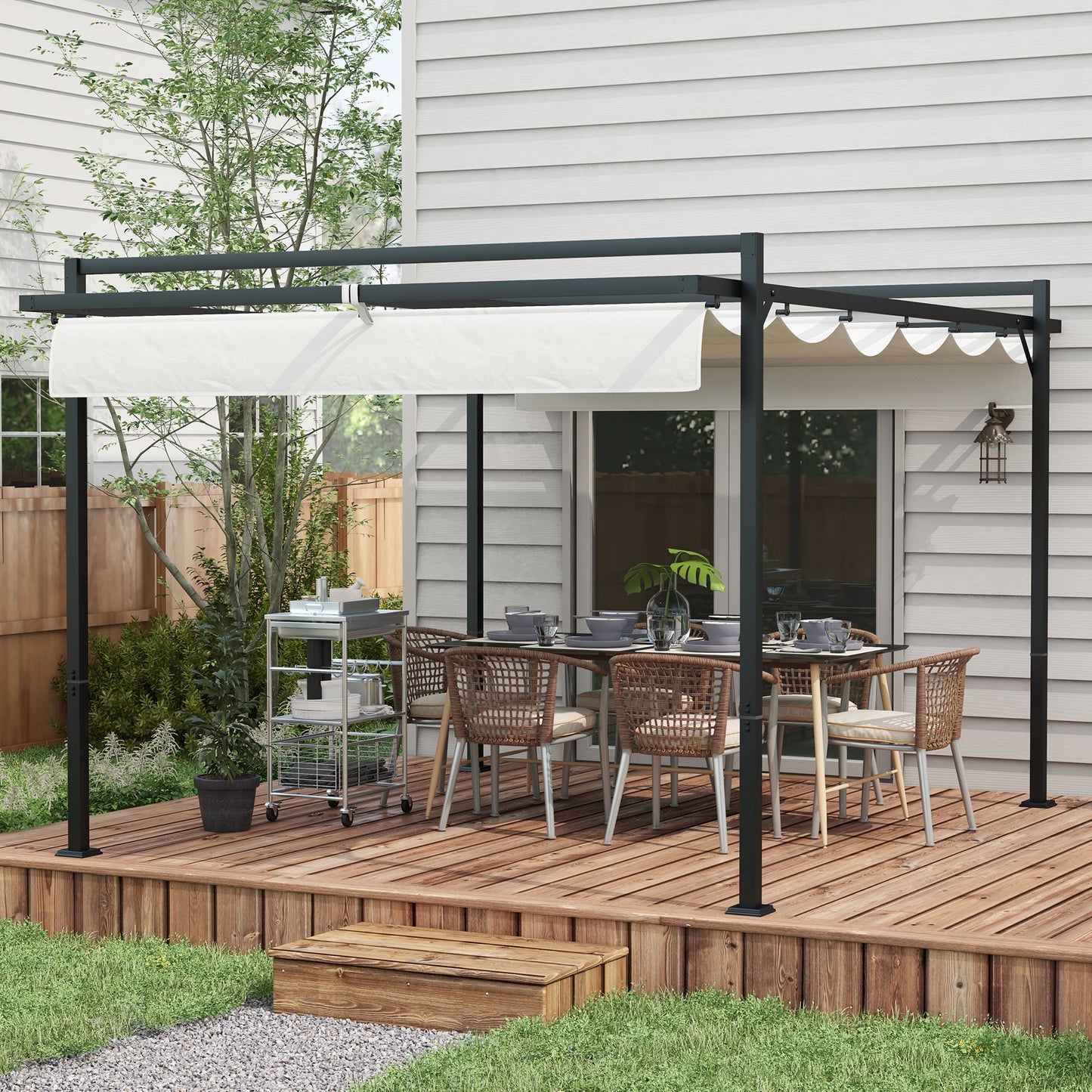 Outsunny Pérgola 3x4 Pérgola de Jardim com Teto Retrátil de Poliéster e 12 Orifícios de Drenagem Pérgola para Pátio Varanda Exterior Branco