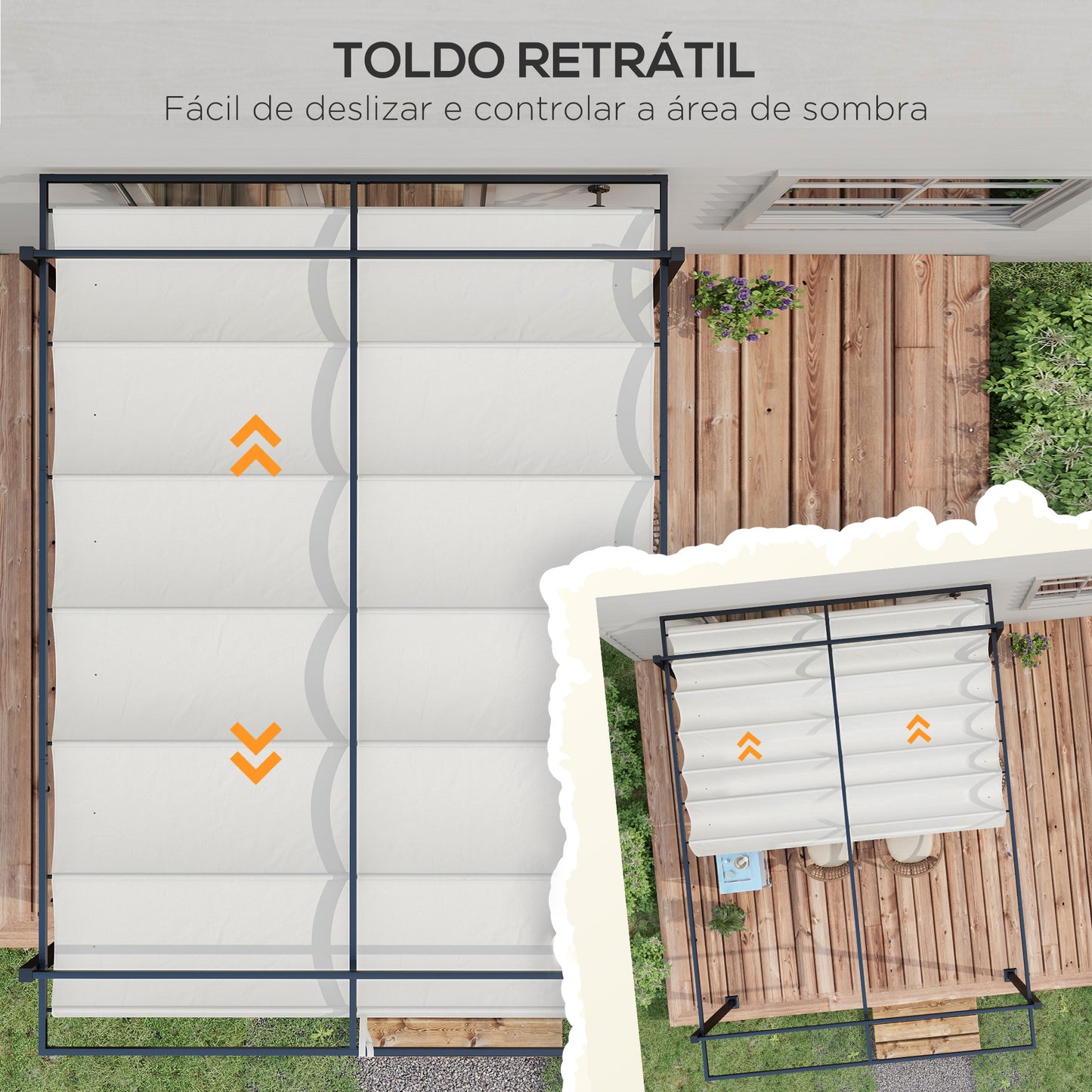 Outsunny Pérgola 3x4 Pérgola de Jardim com Teto Retrátil de Poliéster e 12 Orifícios de Drenagem Pérgola para Pátio Varanda Exterior Branco